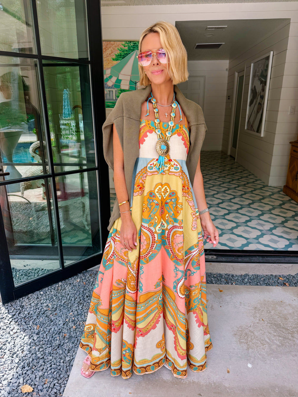 GATHERED FROM AFAR MIDI DRESS - PEACH