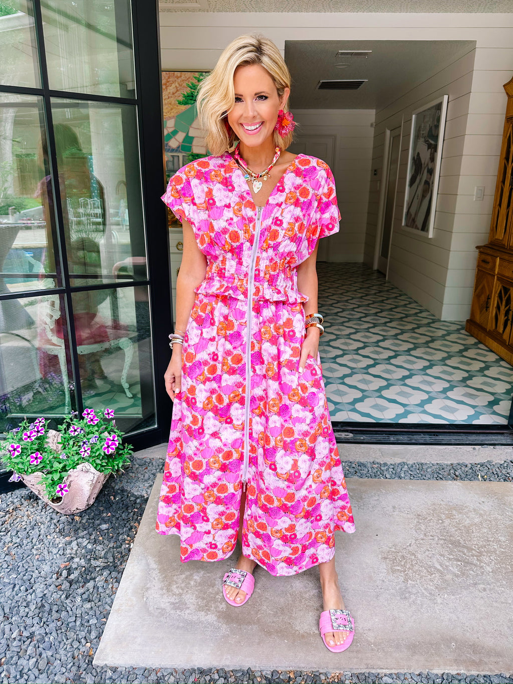 PAINT POPPIES ZIP UP MIDI DRESS - PINK