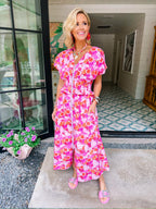 PAINT POPPIES ZIP UP MIDI DRESS - PINK