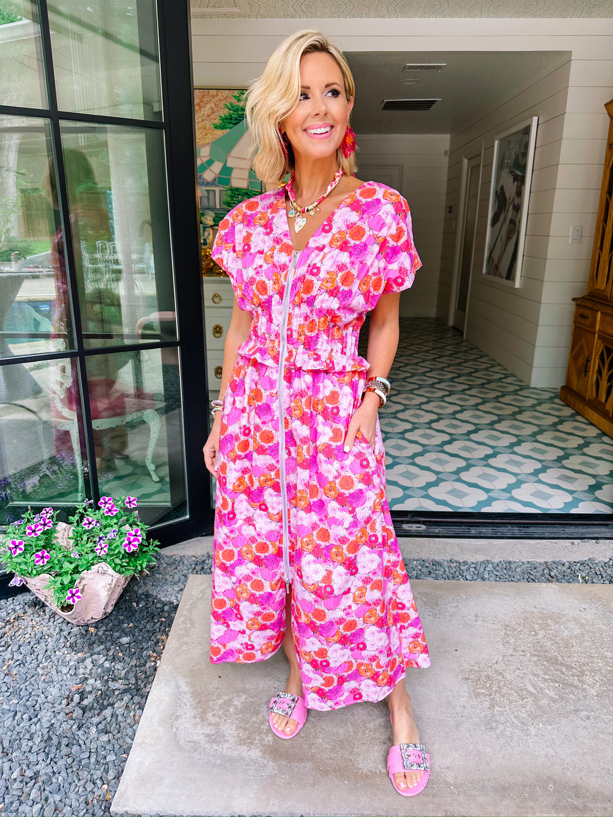 PAINT POPPIES ZIP UP MIDI DRESS - PINK