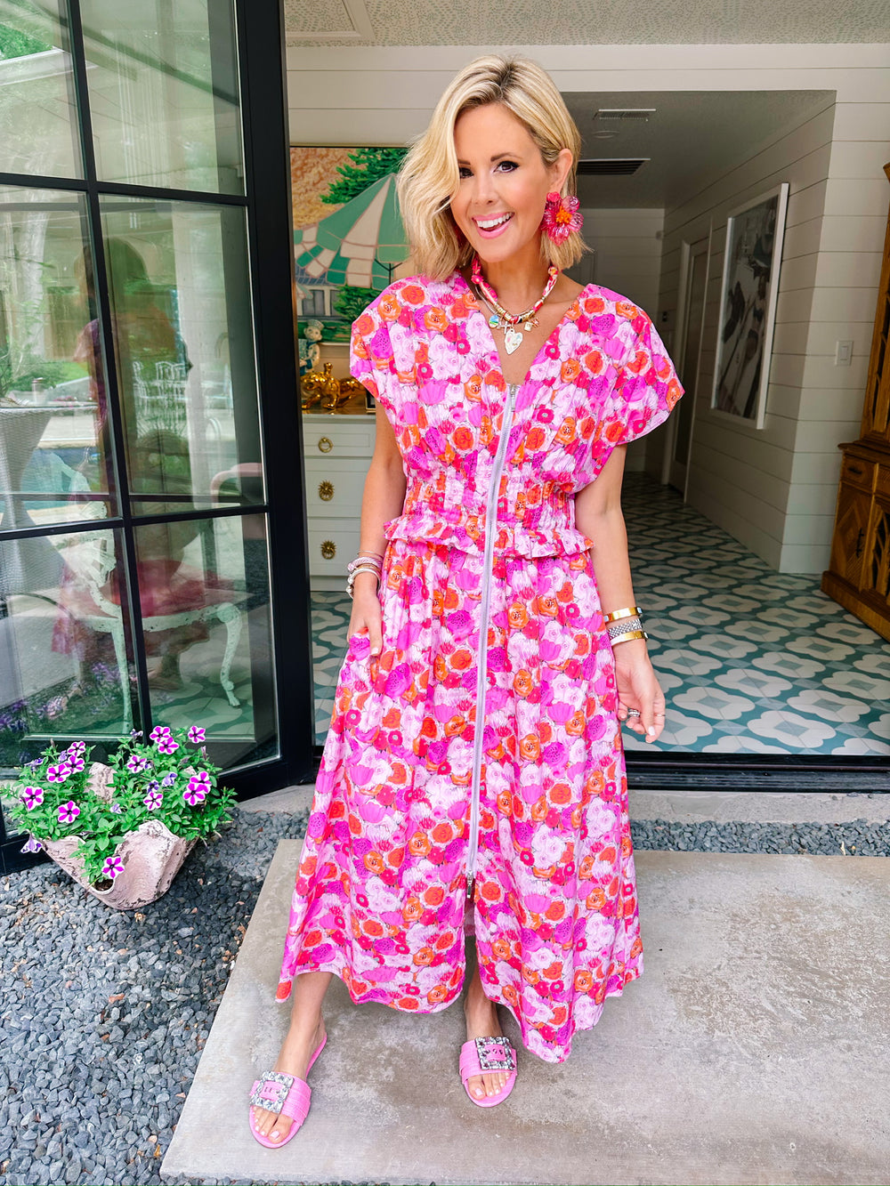 PAINT POPPIES ZIP UP MIDI DRESS - PINK