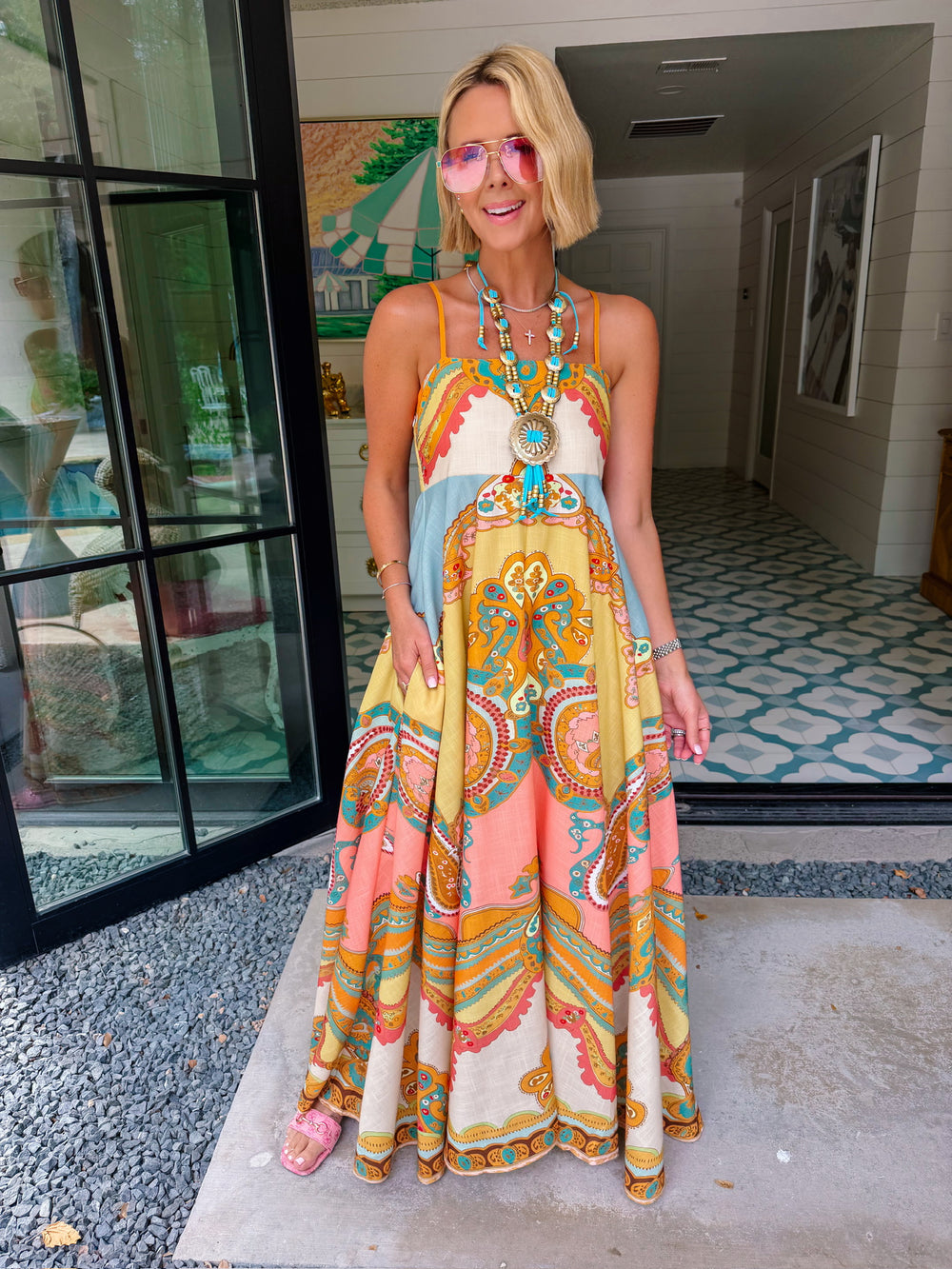 GATHERED FROM AFAR MIDI DRESS - PEACH