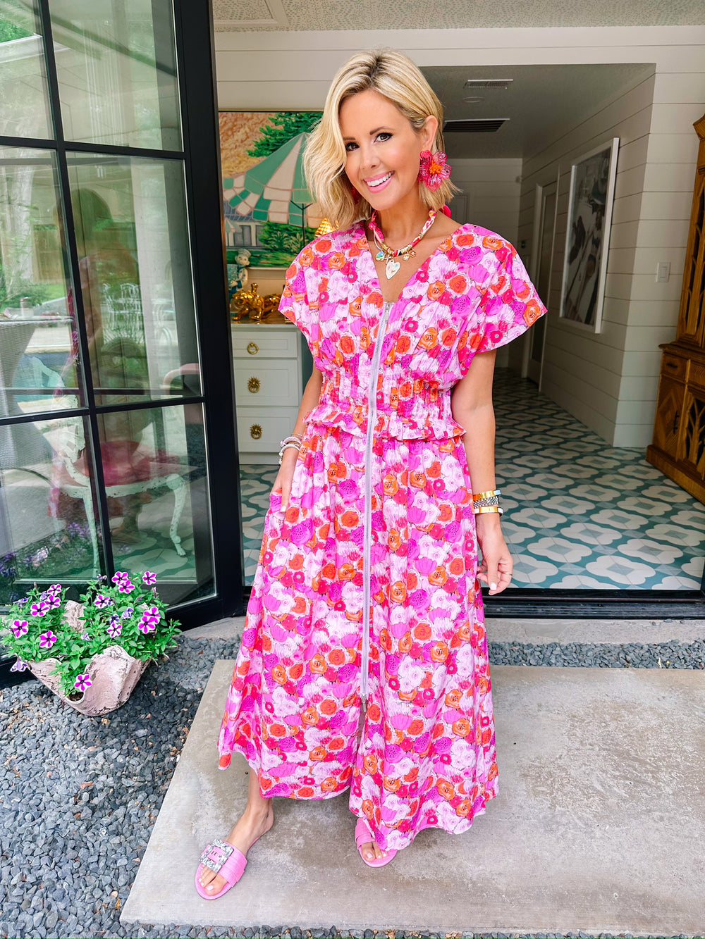 PAINT POPPIES ZIP UP MIDI DRESS - PINK