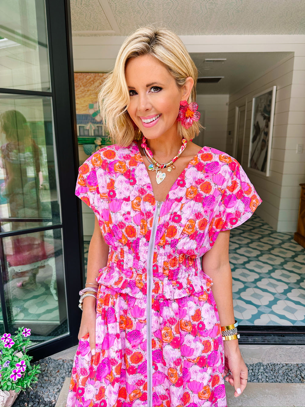 PAINT POPPIES ZIP UP MIDI DRESS - PINK
