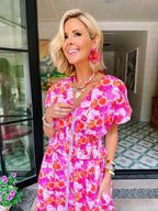 PAINT POPPIES ZIP UP MIDI DRESS - PINK
