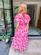 PAINT POPPIES ZIP UP MIDI DRESS - PINK