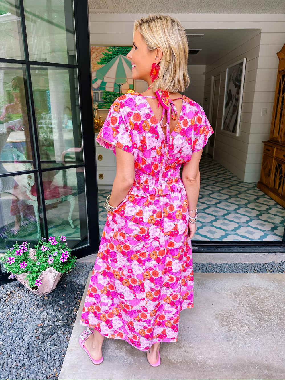 PAINT POPPIES ZIP UP MIDI DRESS - PINK