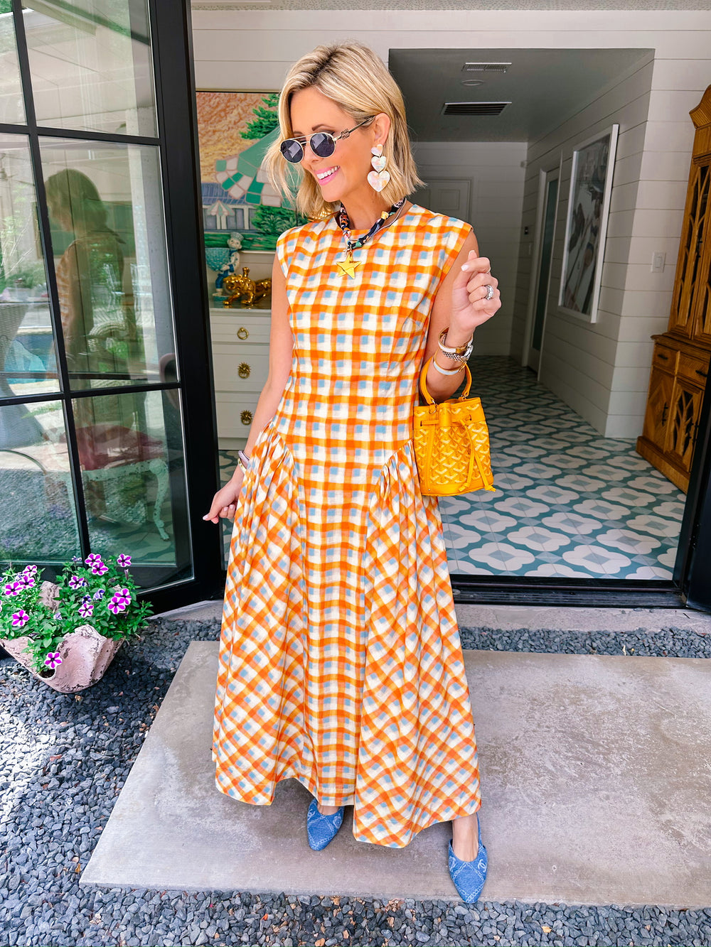 POPPY PLAID BASQUE WAIST MIDI DRESS