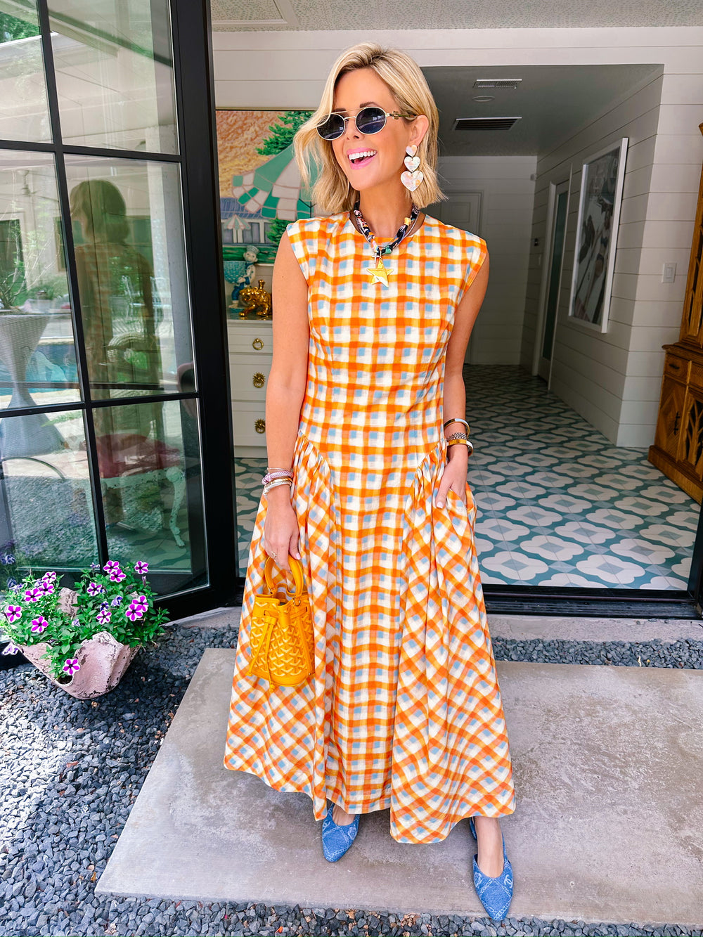 POPPY PLAID BASQUE WAIST MIDI DRESS