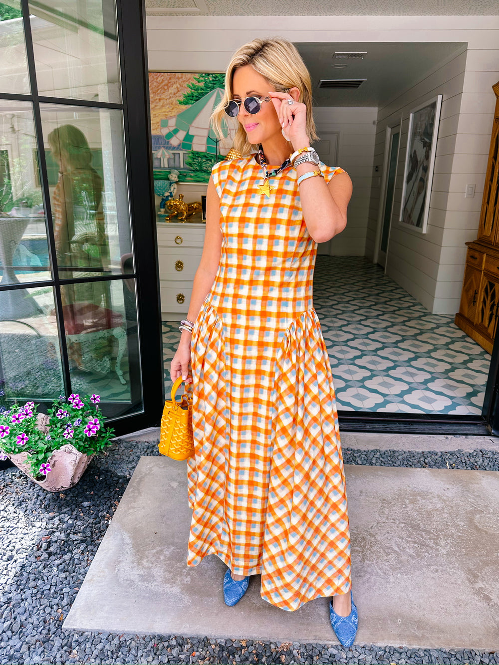 POPPY PLAID BASQUE WAIST MIDI DRESS