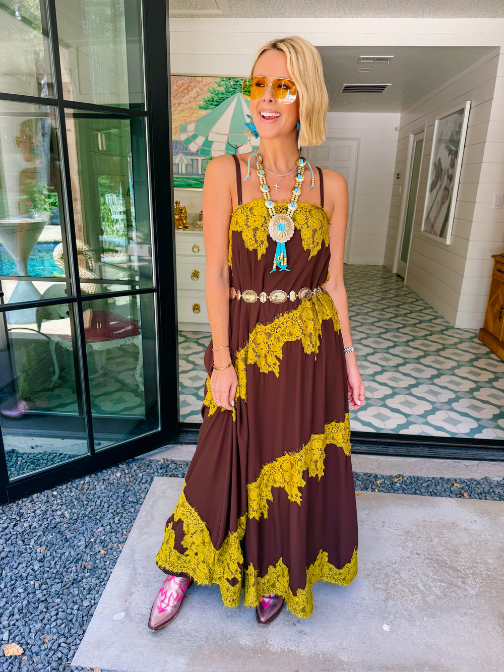 YOU'RE THE ONLY ONE LACE TRIM MAXI DRESS - BROWN/GREEN