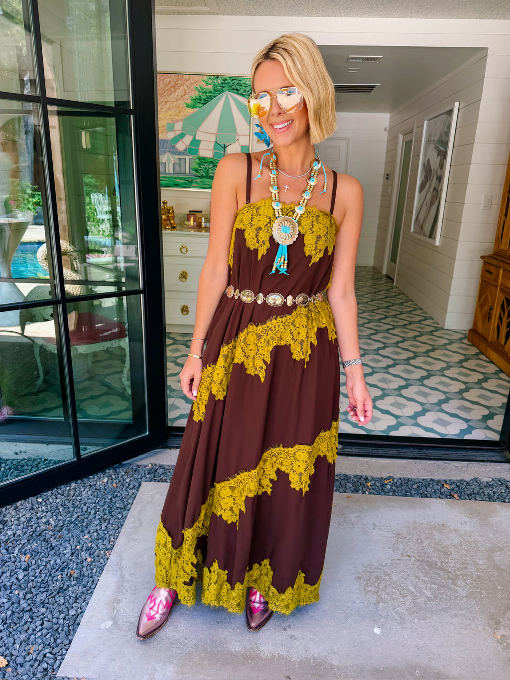 YOU'RE THE ONLY ONE LACE TRIM MAXI DRESS - BROWN/GREEN
