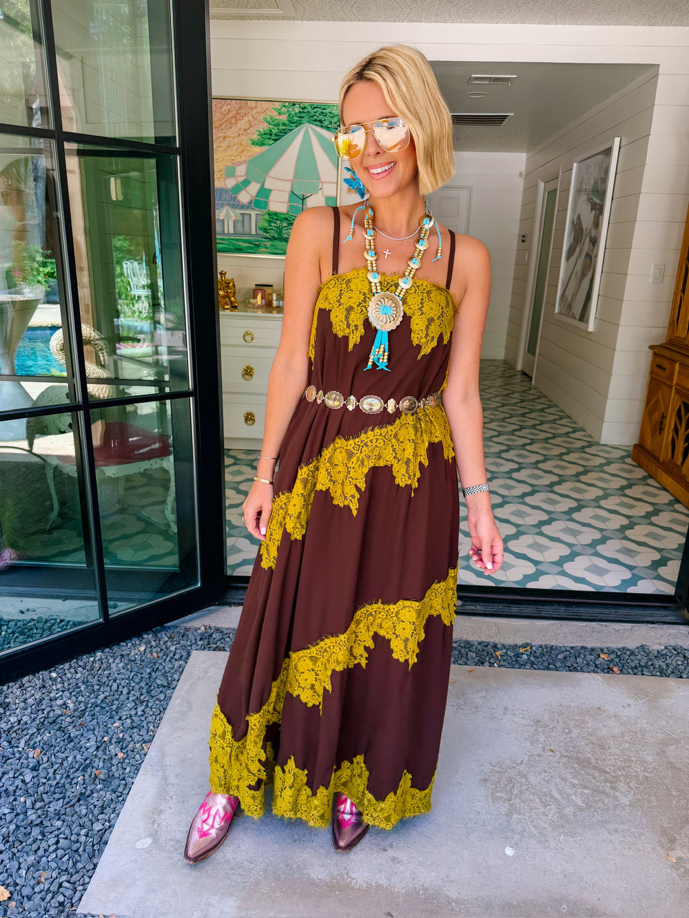 YOU'RE THE ONLY ONE LACE TRIM MAXI DRESS - BROWN/GREEN