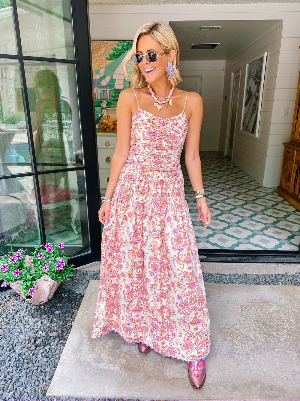 SABRINA WHIMSY FLORAL VINES SMOCKED MIDI DRESS - CREAM
