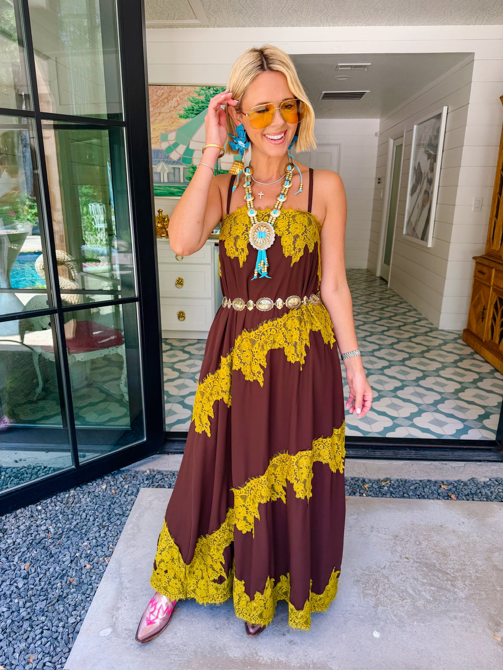 YOU'RE THE ONLY ONE LACE TRIM MAXI DRESS - BROWN/GREEN