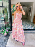 SABRINA WHIMSY FLORAL VINES SMOCKED MIDI DRESS - CREAM