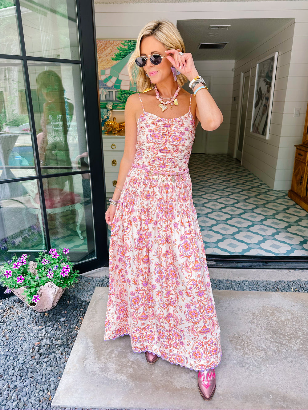 SABRINA WHIMSY FLORAL VINES SMOCKED MIDI DRESS - CREAM