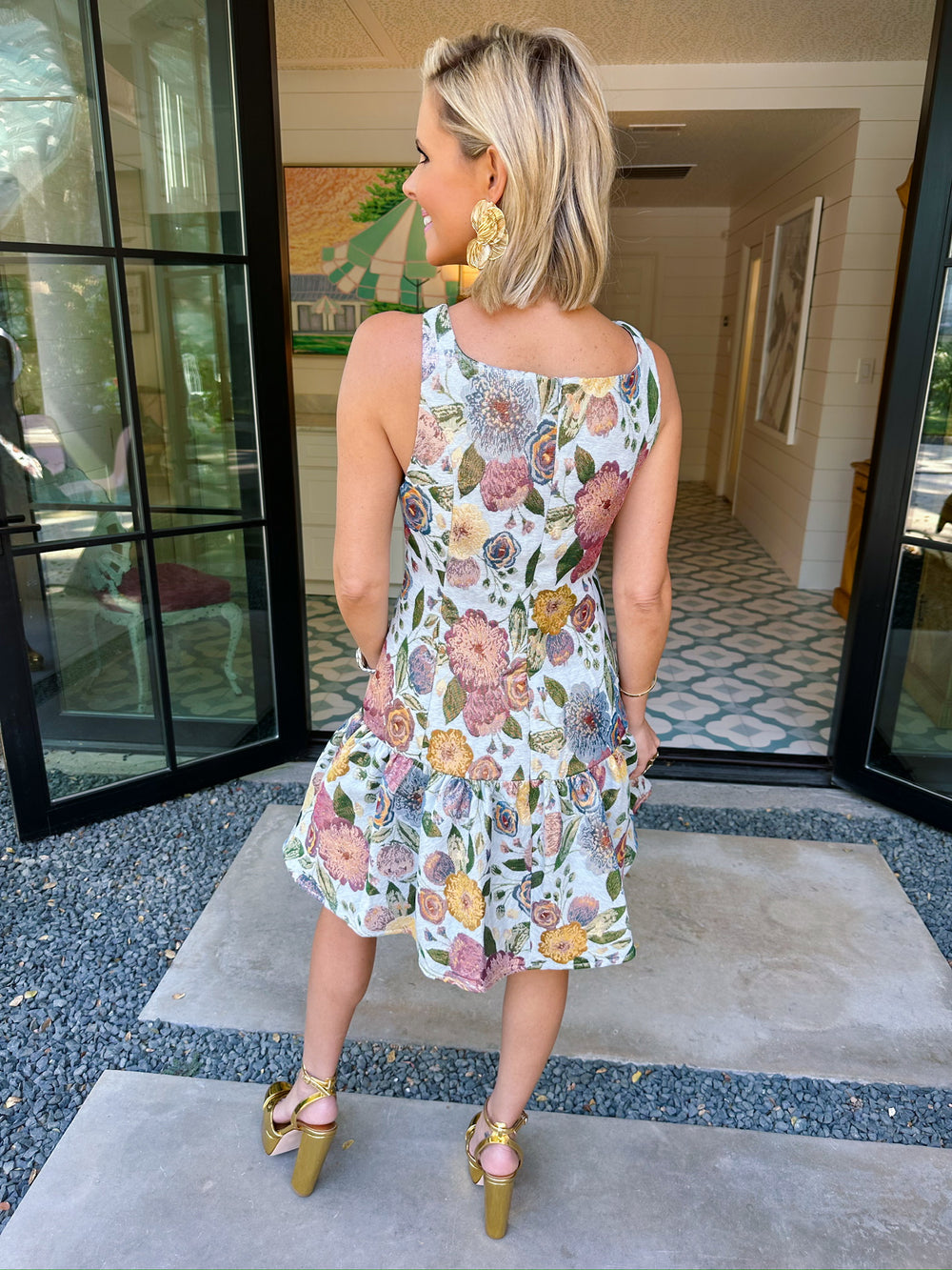 JULIET'S JACQUARD GARDEN DROP WAIST DRESS - BLUE