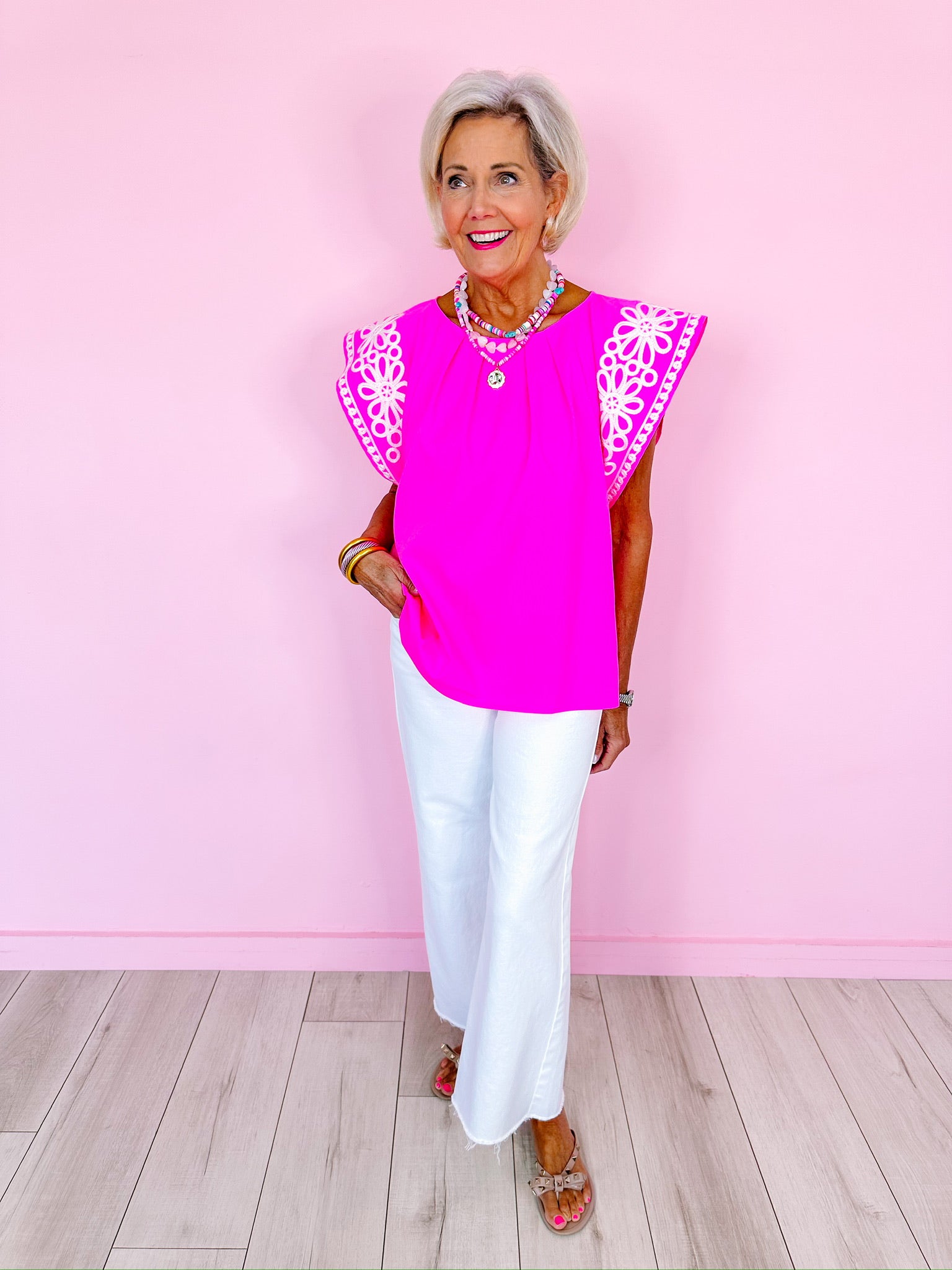 SWEET AS A DAISY EMBROIDERED TOP - HOT PINK