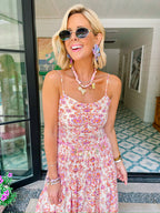 SABRINA WHIMSY FLORAL VINES SMOCKED MIDI DRESS - CREAM