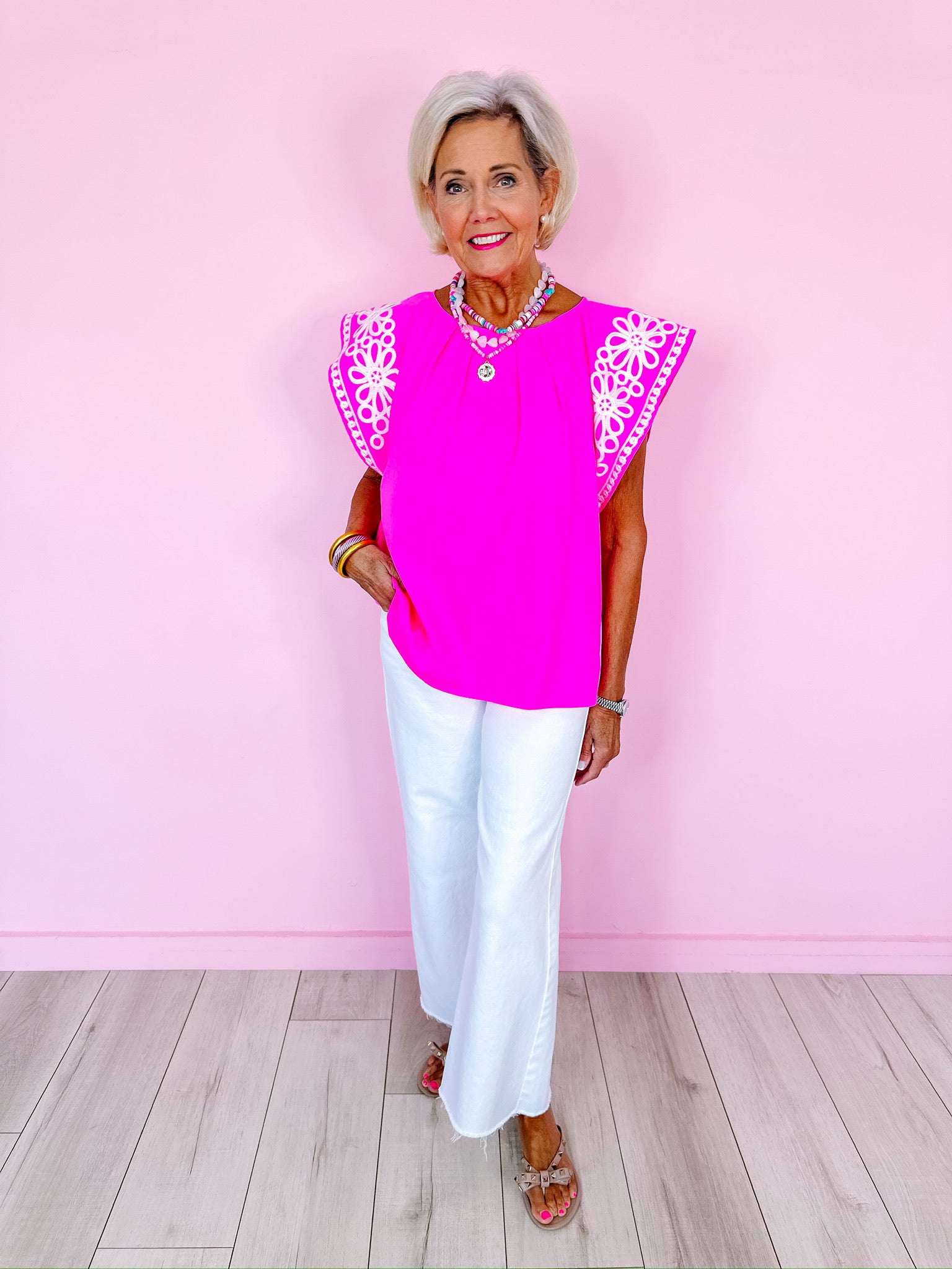 SWEET AS A DAISY EMBROIDERED TOP - HOT PINK