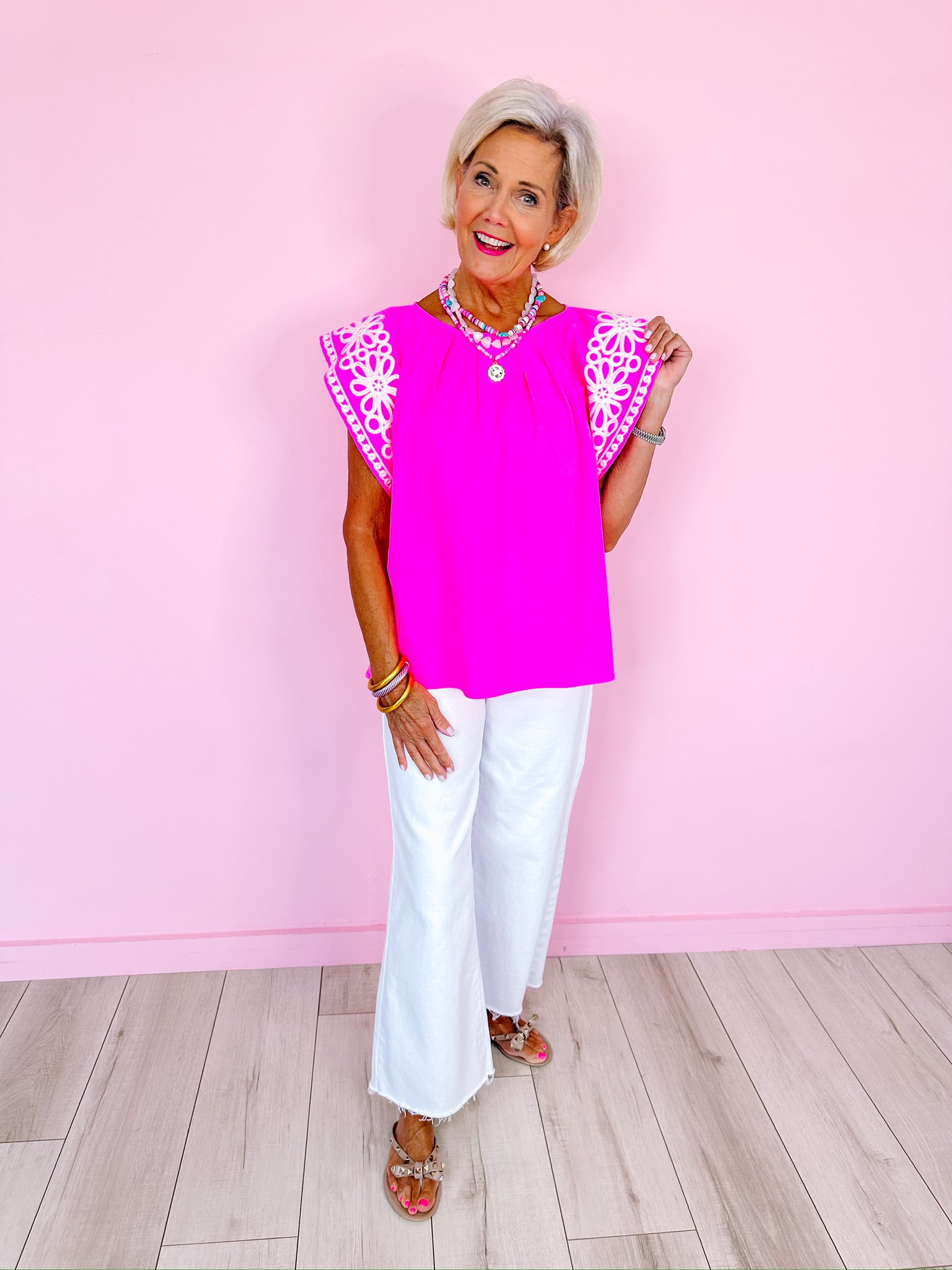 SWEET AS A DAISY EMBROIDERED TOP - HOT PINK