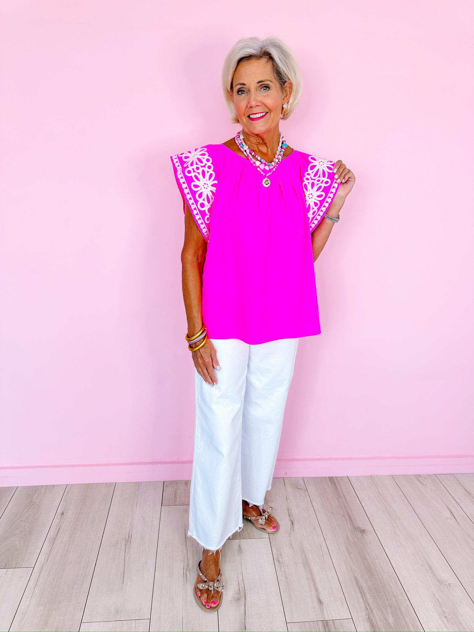 SWEET AS A DAISY EMBROIDERED TOP - HOT PINK