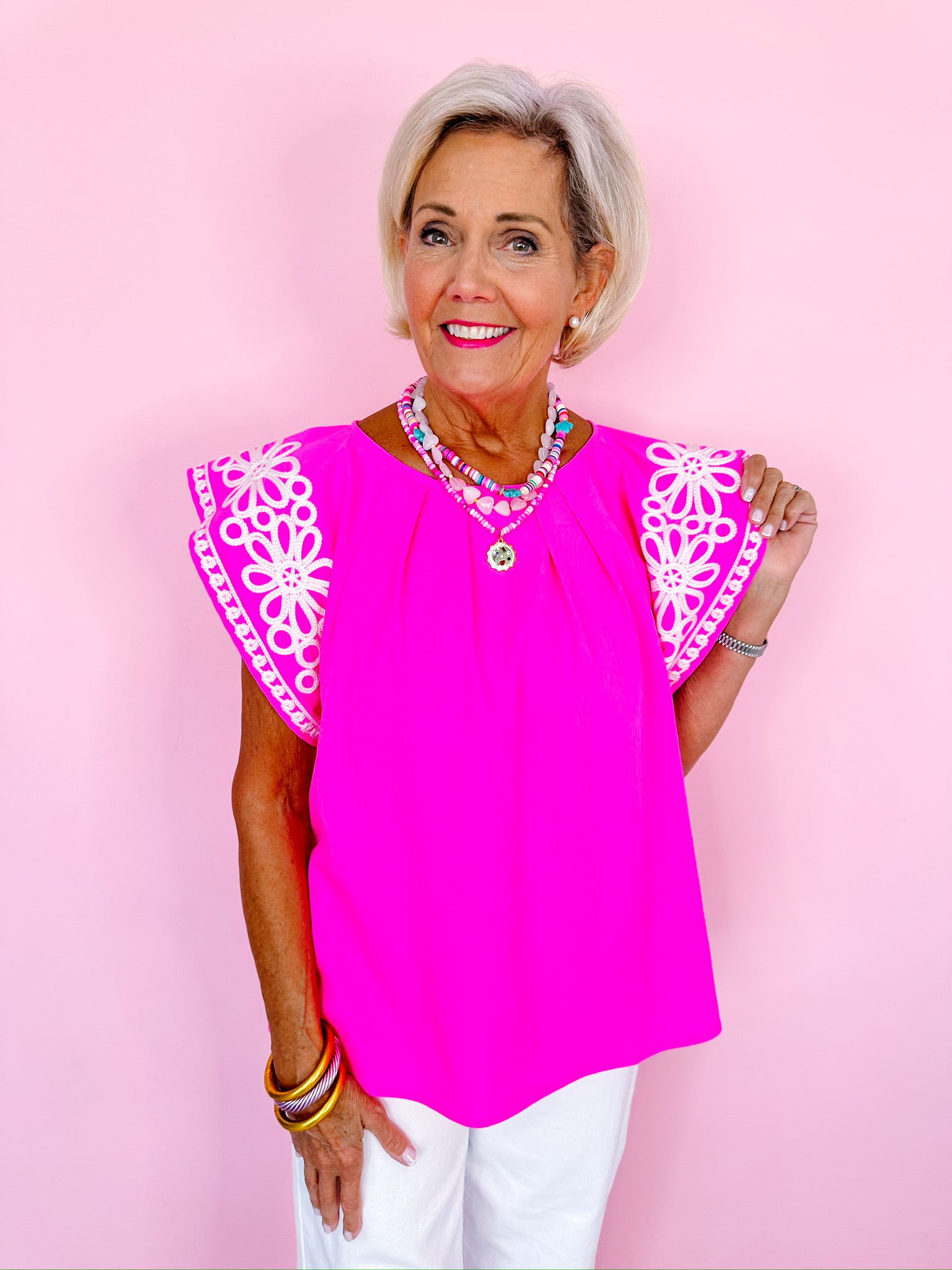 SWEET AS A DAISY EMBROIDERED TOP - HOT PINK