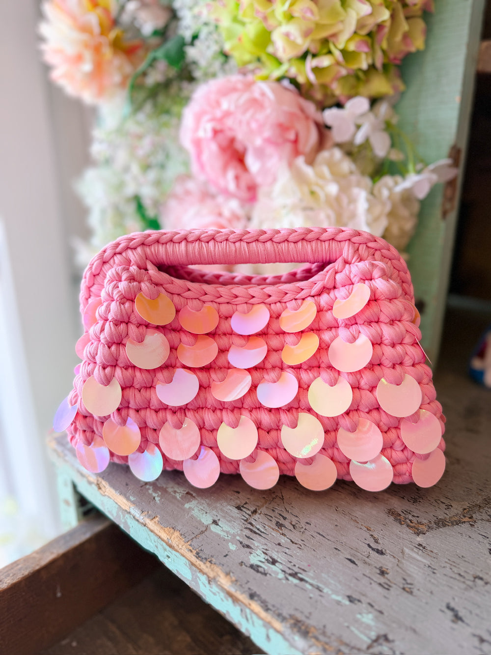 TROPEZ WOVEN SEQUIN BAG - LIGHT PINK