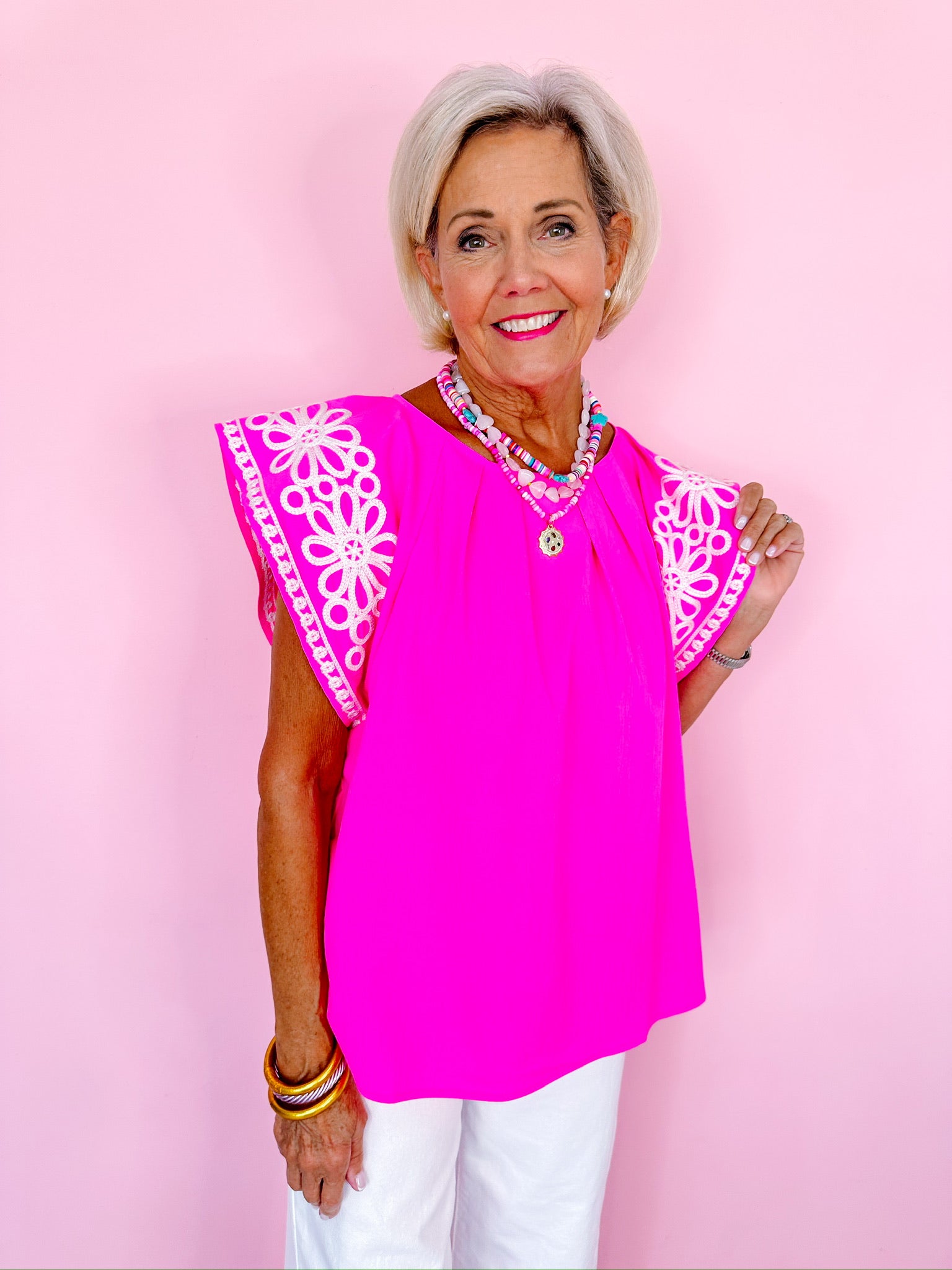 SWEET AS A DAISY EMBROIDERED TOP - HOT PINK