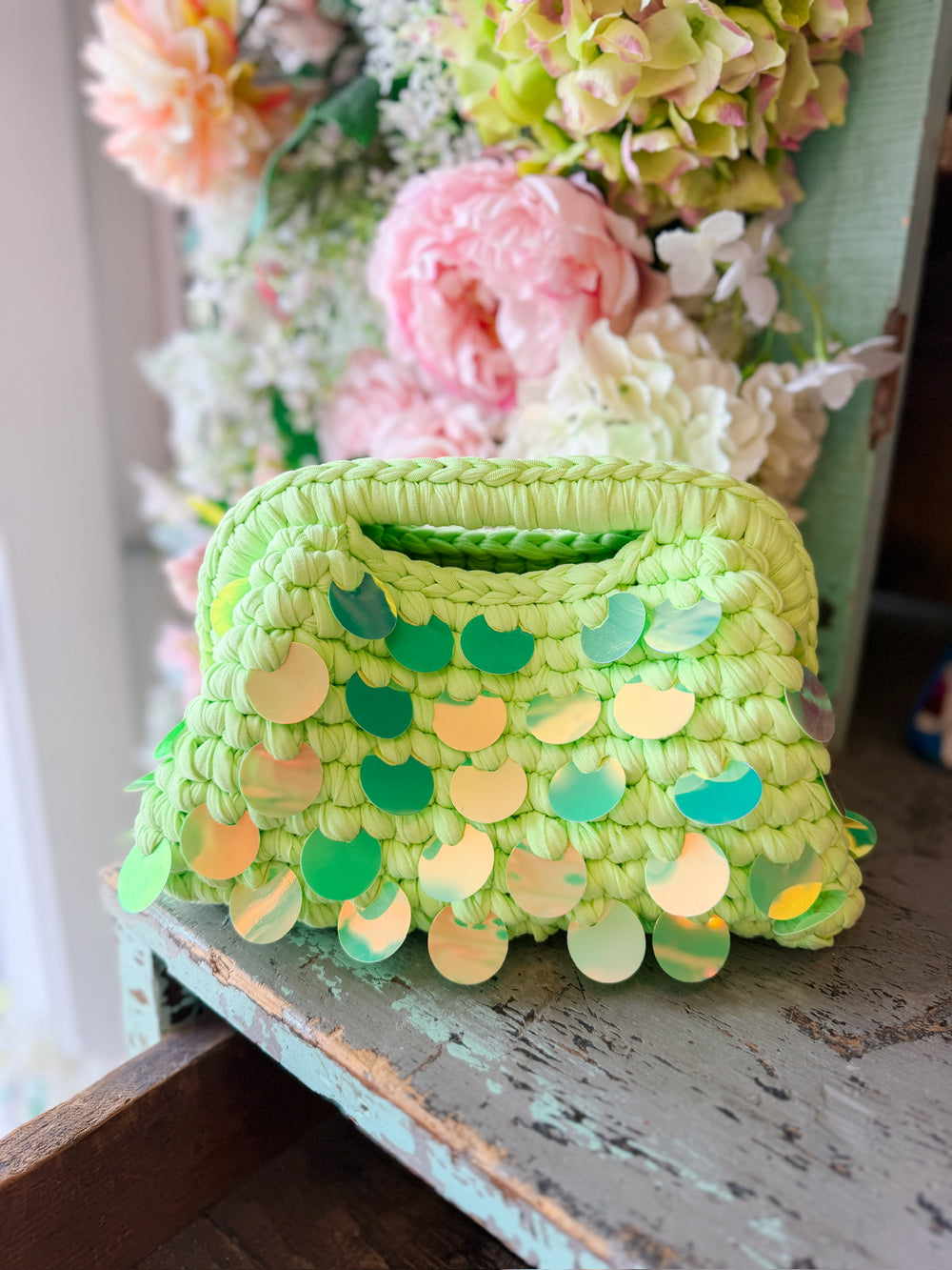 TROPEZ WOVEN SEQUIN BAG - GREEN