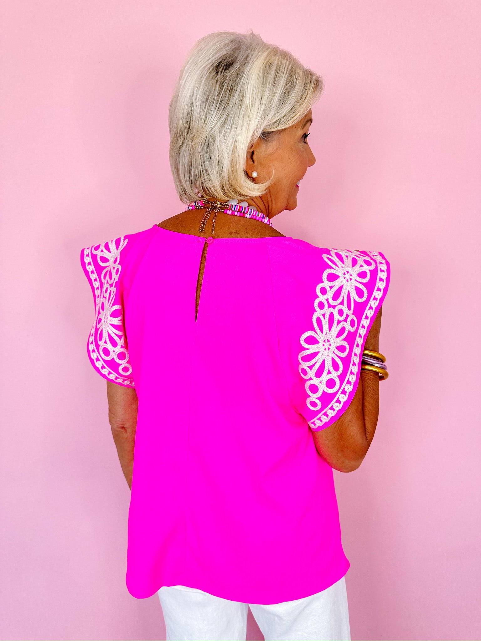 SWEET AS A DAISY EMBROIDERED TOP - HOT PINK