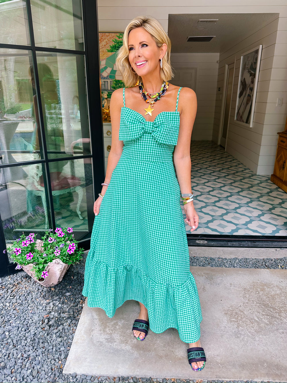 BRIANNA BOW GINGHAM MIDI DRESS - GREEN