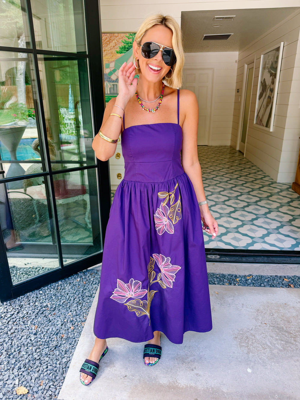 ISABELLA EMBROIDERED FLORAL MIDI DRESS - PURPLE