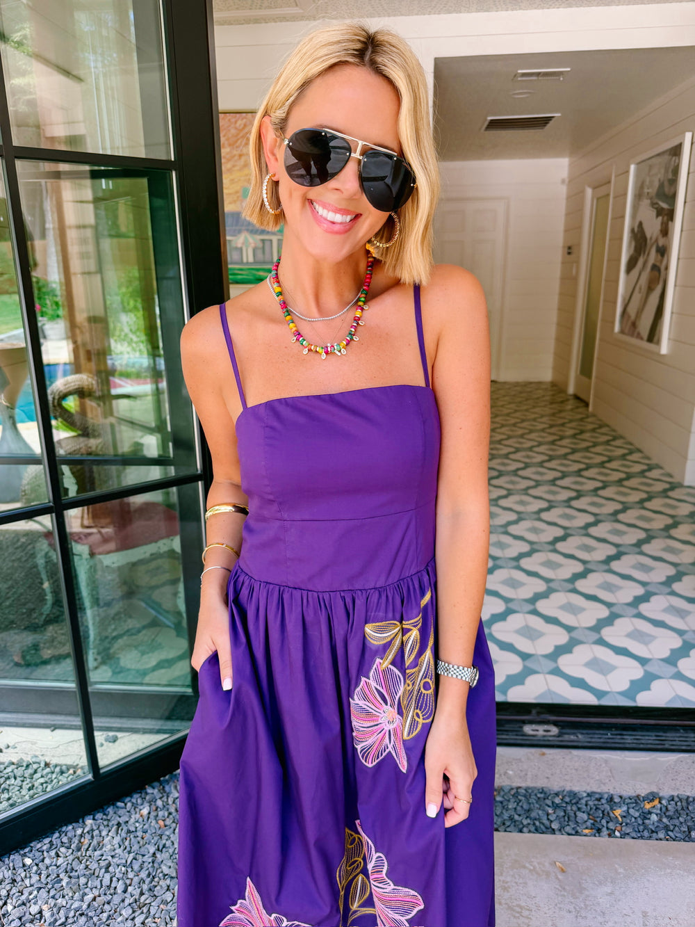 ISABELLA EMBROIDERED FLORAL MIDI DRESS - PURPLE