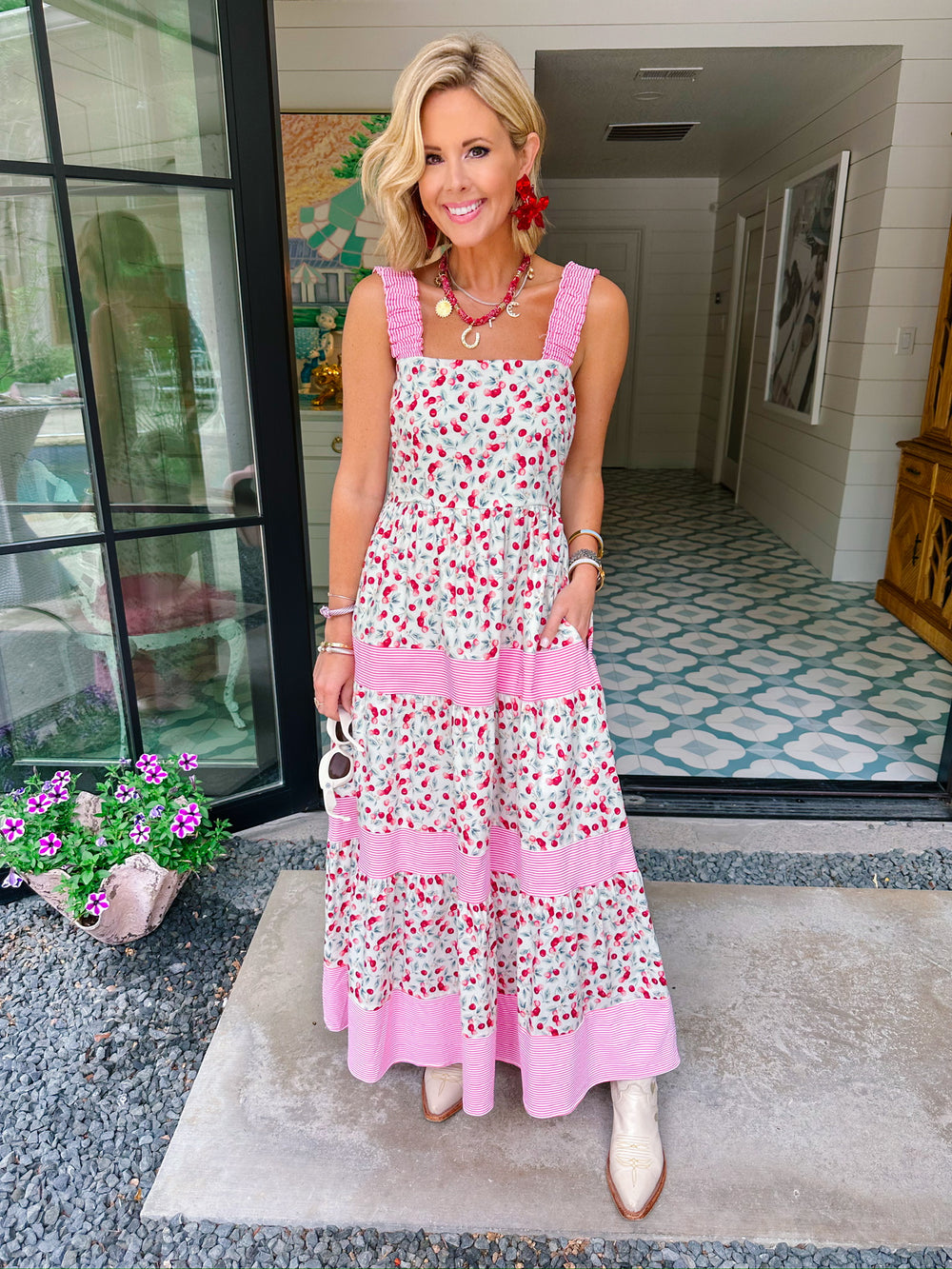 TRES CHIC CHERRY STRIPE DETAIL MIDI DRESS