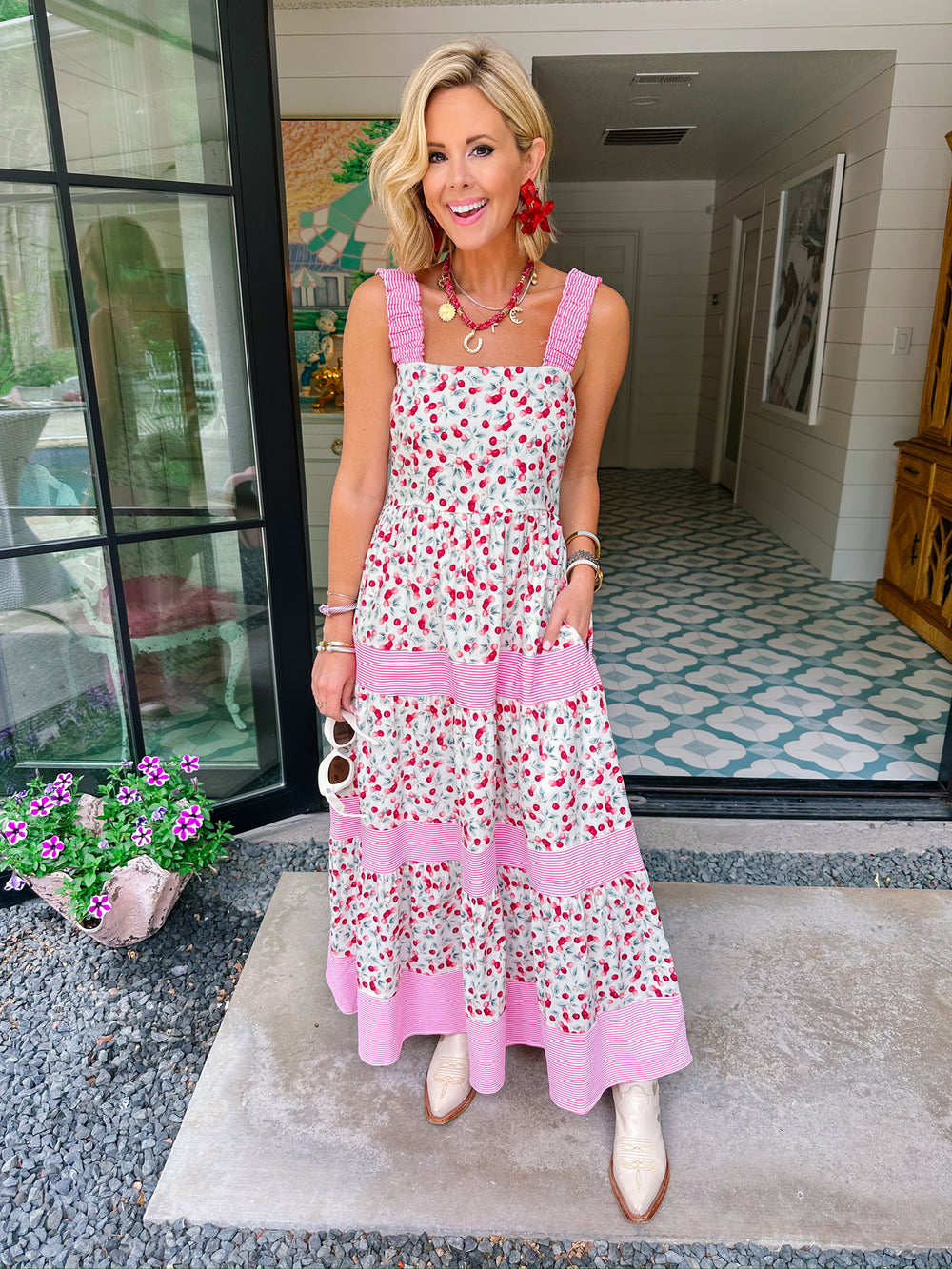 TRES CHIC CHERRY STRIPE DETAIL MIDI DRESS