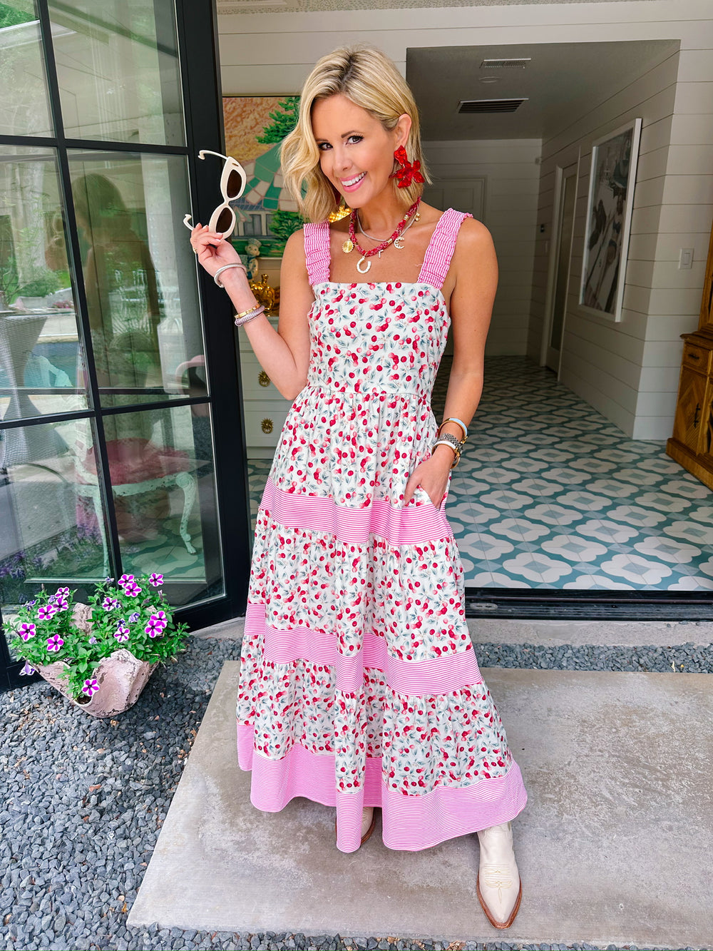 TRES CHIC CHERRY STRIPE DETAIL MIDI DRESS
