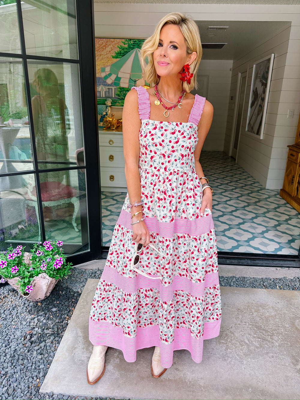 TRES CHIC CHERRY STRIPE DETAIL MIDI DRESS