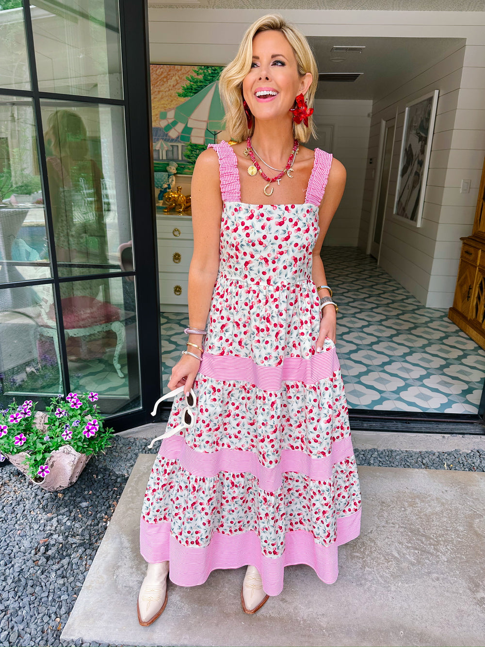 TRES CHIC CHERRY STRIPE DETAIL MIDI DRESS