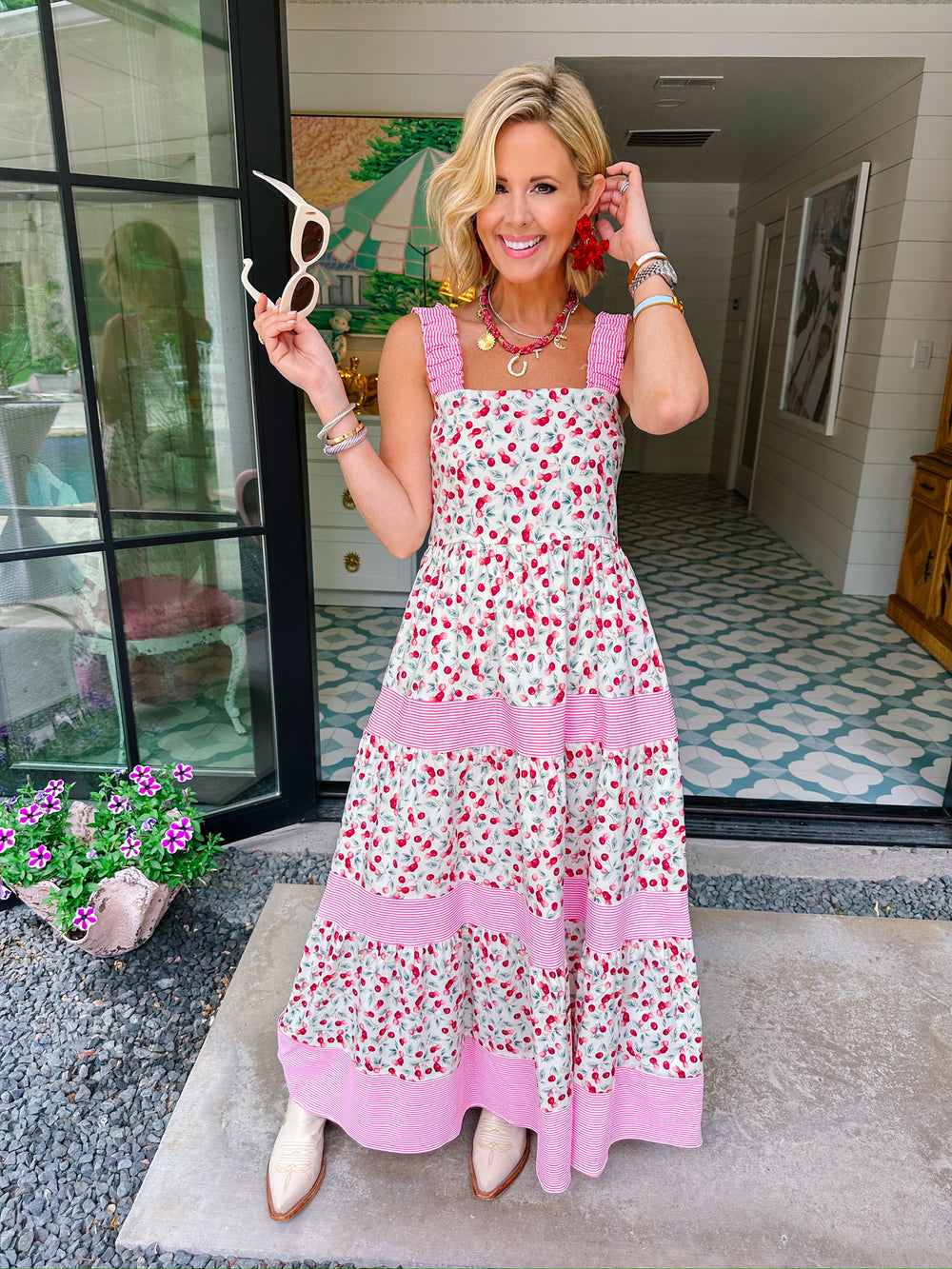 TRES CHIC CHERRY STRIPE DETAIL MIDI DRESS