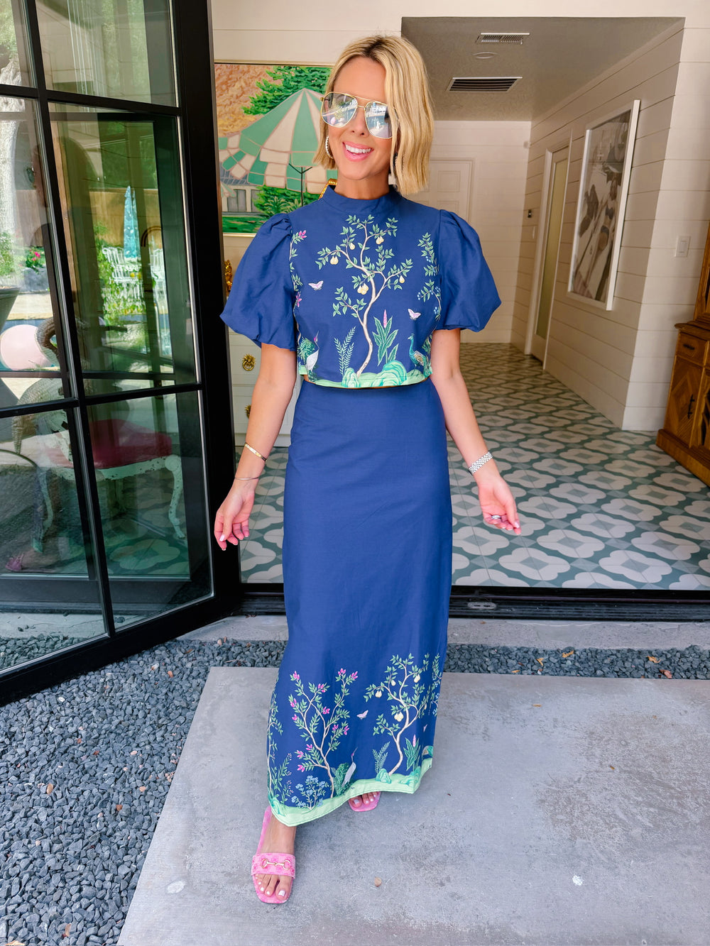 ONCE UPON A FOREST CHINOISERIE MIDI SKIRT SET - NAVY
