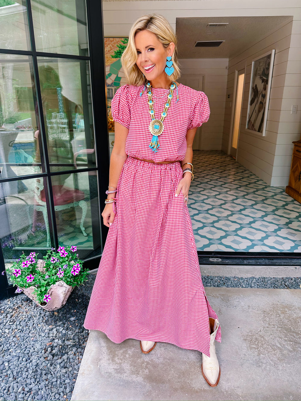 DAPHNE GINGHAM MIDI SKIRT SET - RED