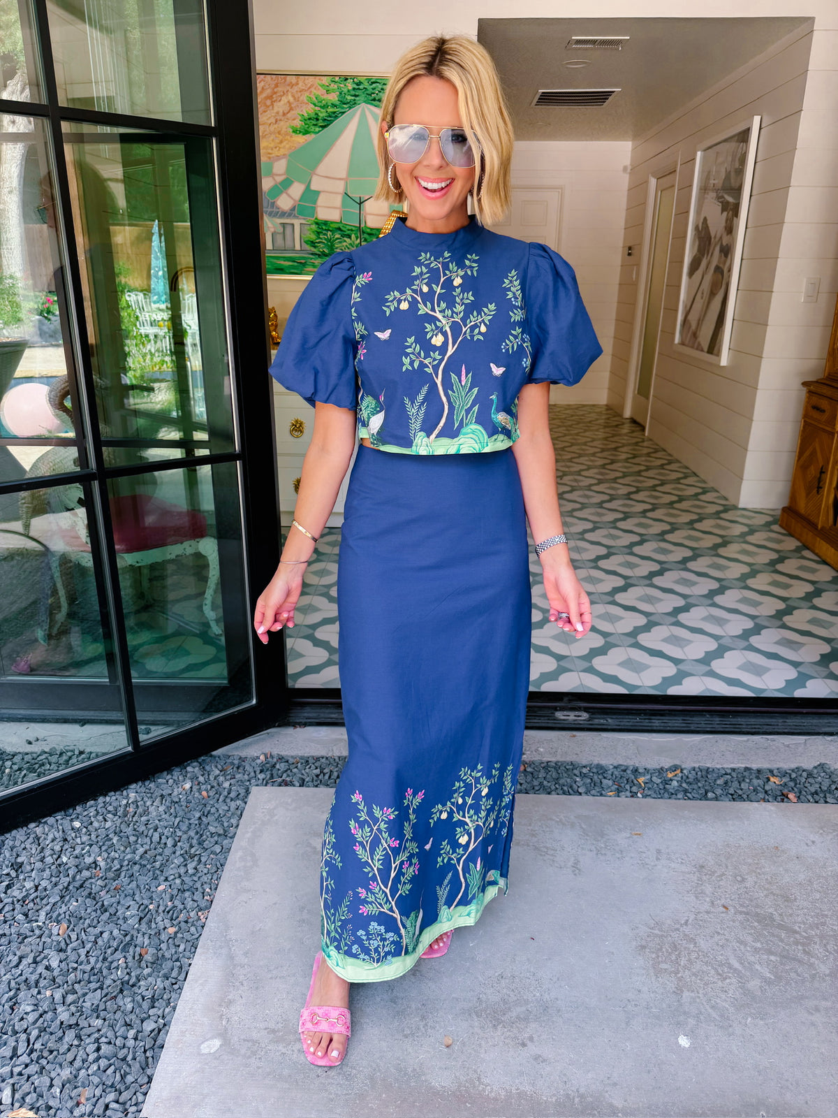 ONCE UPON A FOREST CHINOISERIE MIDI SKIRT SET - NAVY
