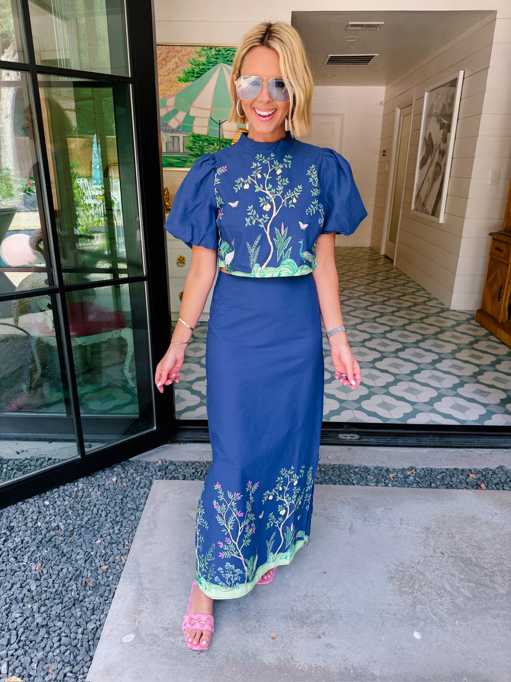 ONCE UPON A FOREST CHINOISERIE MIDI SKIRT SET - NAVY