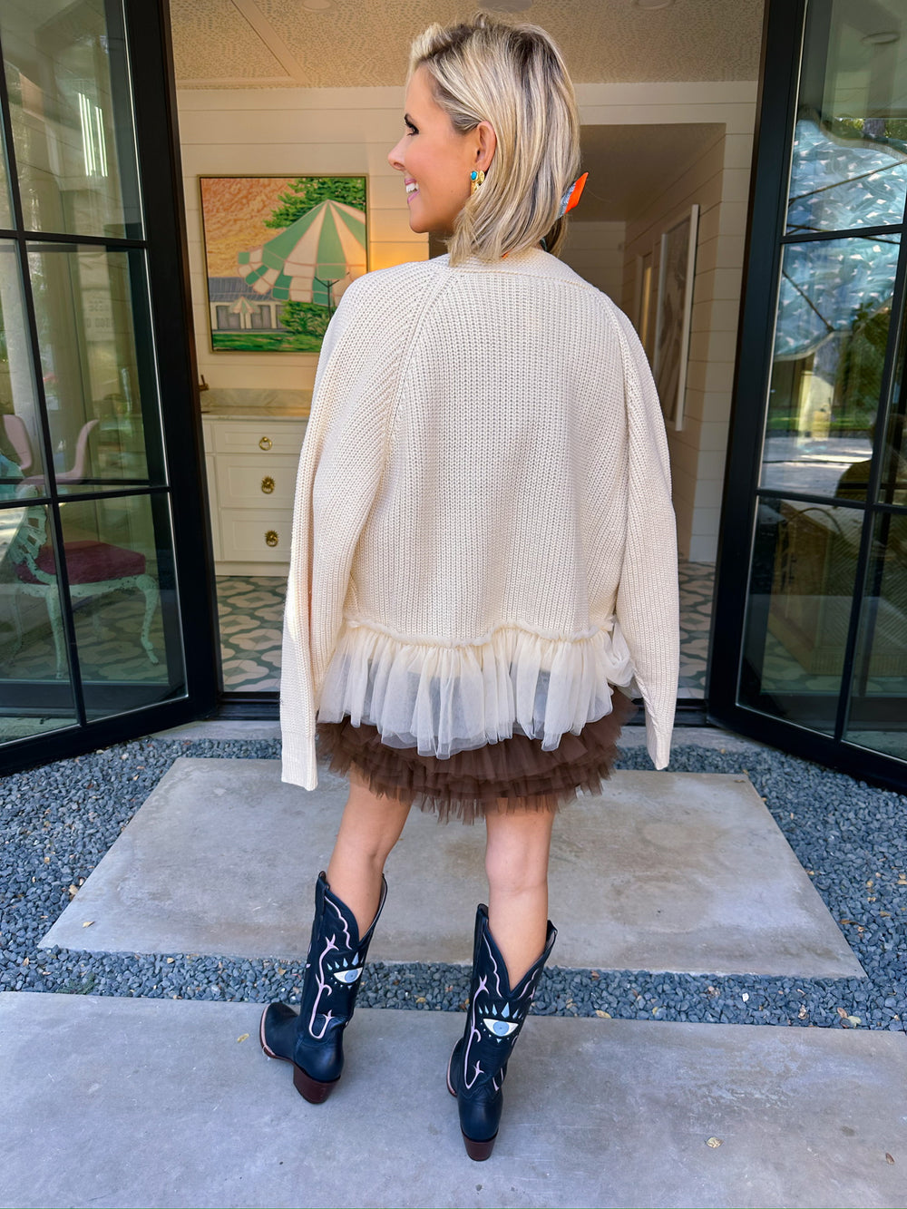 TWYLA TULLE TRIM CARDIGAN - CREAM