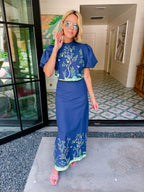 ONCE UPON A FOREST CHINOISERIE MIDI SKIRT SET - NAVY