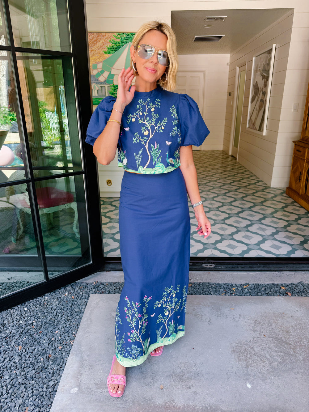 ONCE UPON A FOREST CHINOISERIE MIDI SKIRT SET - NAVY