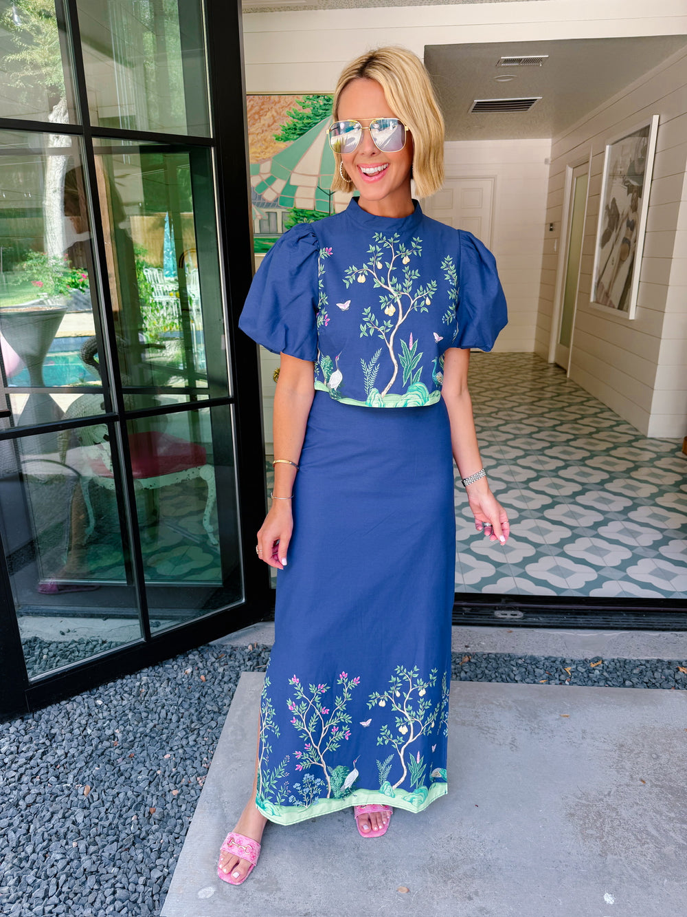 ONCE UPON A FOREST CHINOISERIE MIDI SKIRT SET - NAVY