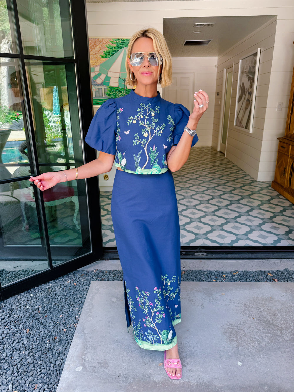 ONCE UPON A FOREST CHINOISERIE MIDI SKIRT SET - NAVY